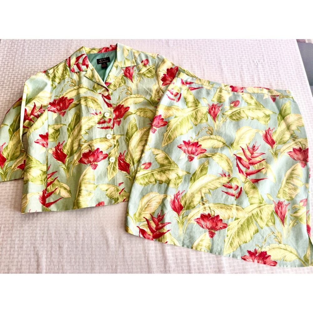 Rafael PT Collection Tropical Floral Linen Skirt Set Green Red Size 12 Vintage